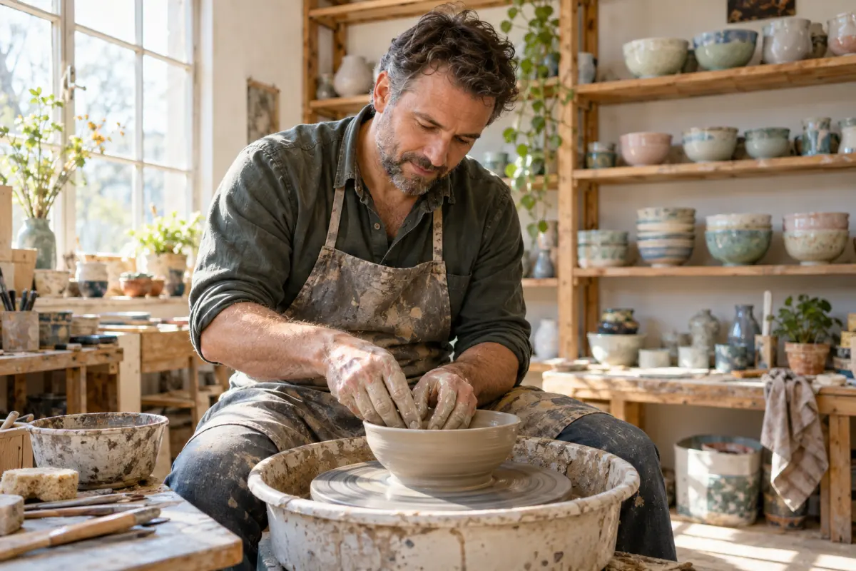 Tomás, a ceramicist, shaping a bowl on the wheel in his studio