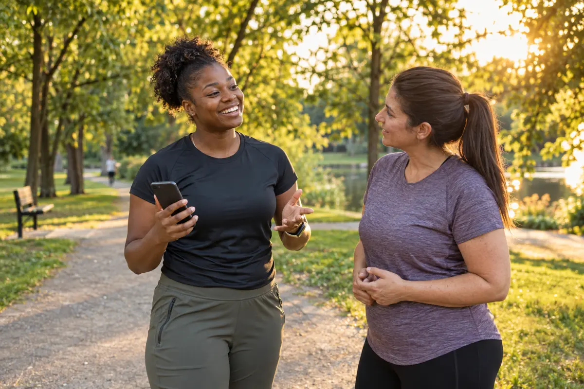 Nadia, a running coach, talking with a client in a park at sunset