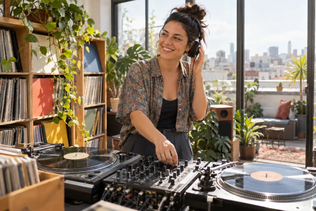 Maya, a DJ, smiling at her decks in a sunny rooftop studio