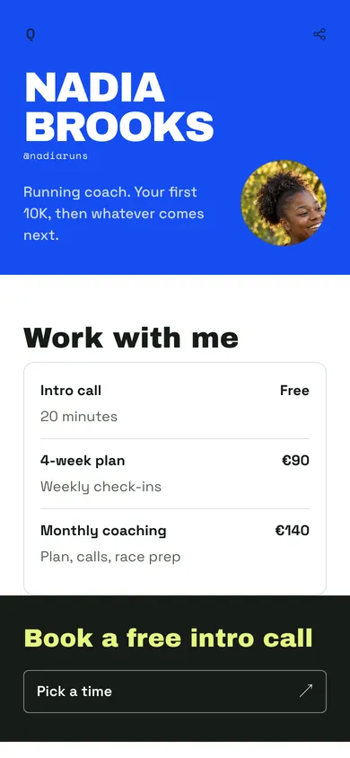 Nadia Brooks's Qoralo page in the Field Notes look: coaching plans and a free intro call
