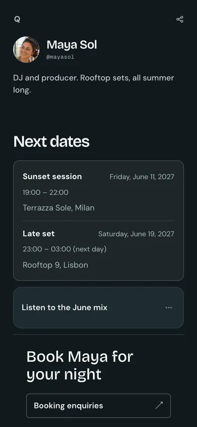 Maya Sol's Qoralo page in the Afterglow look: next dates, her June mix and booking