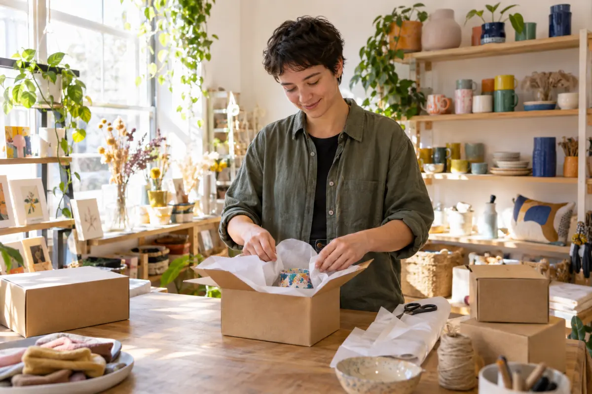Ines, a shop owner, packing an order in her bright studio shop