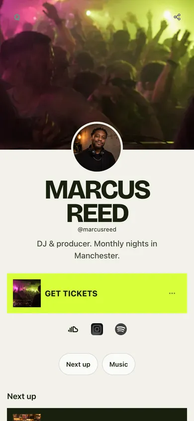 Marcus Reed's DJ page in the Poster look